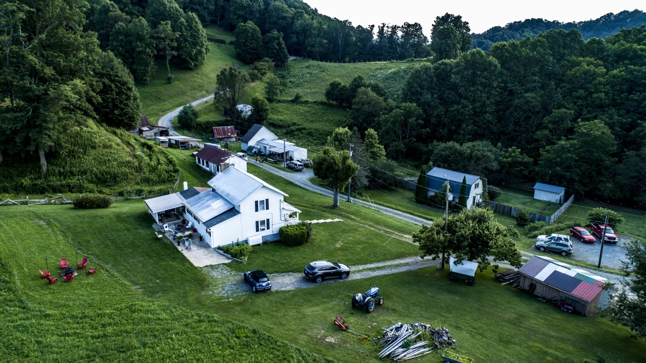 A village and surrounding countryside seen from above